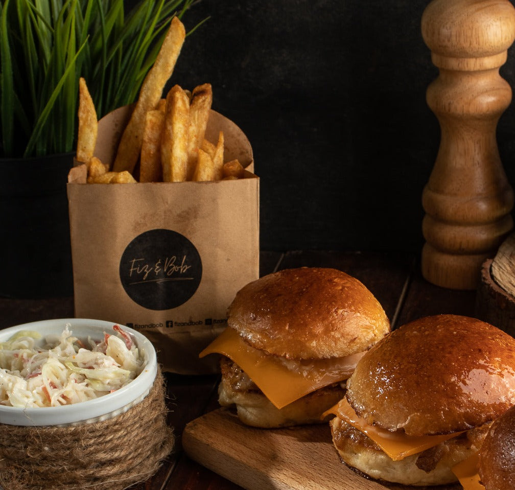 Enjoy our new discounted deal customized for two small little munchers to enjoy in their day breaks at schools, homes, parks & parties. This contains 1 Pulled Bob-Chicken & 1 Pulled Bob-Beef)+ 2Fries + 2Coleslaw. Serving appropriately for 2 young ones.